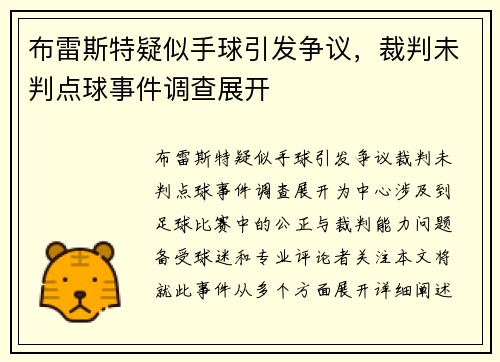 布雷斯特疑似手球引发争议,裁判未判点球事件调查展开